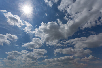 blue cloudy sky with sparkle sun, natural sky background
