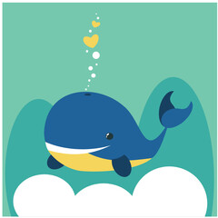 
Cheerful kind whale on a blue background with hearts. Children's illustration of a whale. Vector illustration.