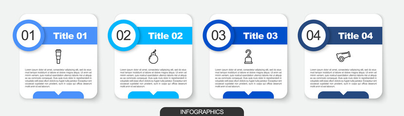 Set line Spyglass telescope lens, Bomb ready to explode, Pirate hook and Cannon. Business infographic template. Vector