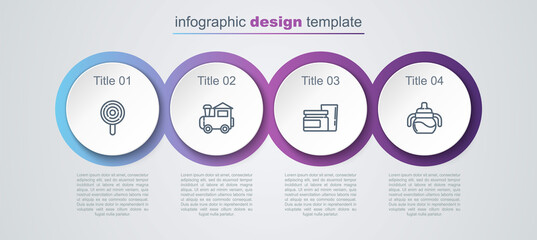 Set line Lollipop, Toy train, Baby food and bottle. Business infographic template. Vector