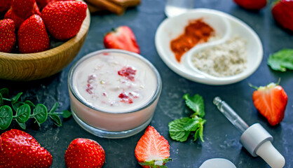 Homemade strawberry face mask with oatmeal and cream on a dark background. Concept of natural handmade cosmetics
