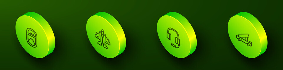 Set Isometric line Airplane window, Jet fighter, Headphones with microphone and Passenger ladder icon. Vector