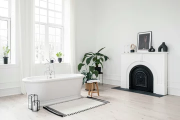 Fotobehang Boho Contemporary bathroom in white colors with freestanding bathtub  © brizmaker