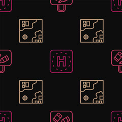 Set line Suitcase, World travel map and Helicopter landing pad on seamless pattern. Vector