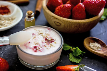 Homemade strawberry face mask with oatmeal and cream on a dark background. Concept of natural handmade cosmetics
