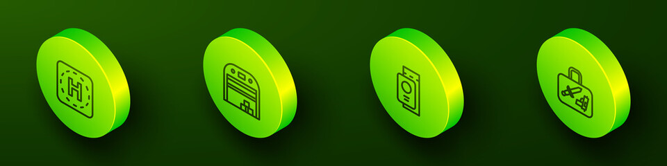 Set Isometric line Helicopter landing pad, Aircraft hangar, Passport with ticket and Suitcase icon. Vector