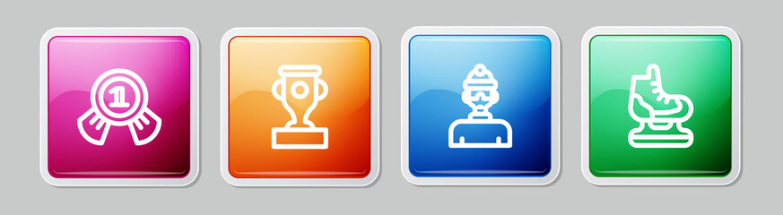 Fototapeta premium Set line Medal, Award cup, Winter athlete and Skates. Colorful square button. Vector