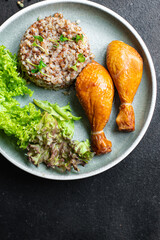 buckwheat chicken leg salad porridge leaves green lettuce mix fresh healthy appetizer diet meal snack copy space food background rustic. top view keto or paleo diet