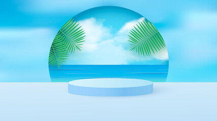 Fototapeta na wymiar A minimal scene with a light blue cylindrical podium with tropical leaves against the sky. Scene for the demonstration of a cosmetic product, showcase. Vector