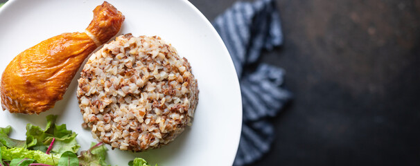 buckwheat chicken leg salad porridge leaves green lettuce mix fresh healthy appetizer diet meal snack copy space food background rustic. top view keto or paleo diet