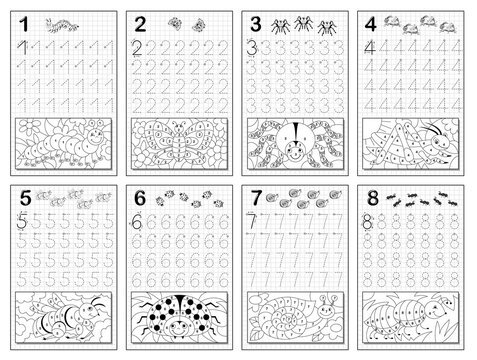 Set Of Black And White Educational Pages On Square Paper For Kids.  Printable Worksheet For Children Textbook. Developing Skills Of Counting,  Drawing, Writing And Tracing. Baby Book. Back To School. Royalty Free