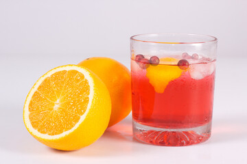 Cocktail drink-orange juice fresh juice with strawberry with lemon orange, mango, pineapple, apple, grapes isolated on white background. High-resolution image