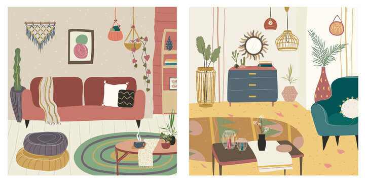 Hygge boho style living room illustrations with home furniture and decor. Red and blue sofa, chest, shelvings, plants, carpets, pictures, puff, tables. Blue, gold, turquoise, white, terracotta tones.