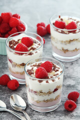 Granola with yogurt trifles with raspberry