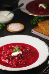 A plate with Ukrainian national dish - borsch