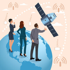 The business team uses satellite technology to transmit data.