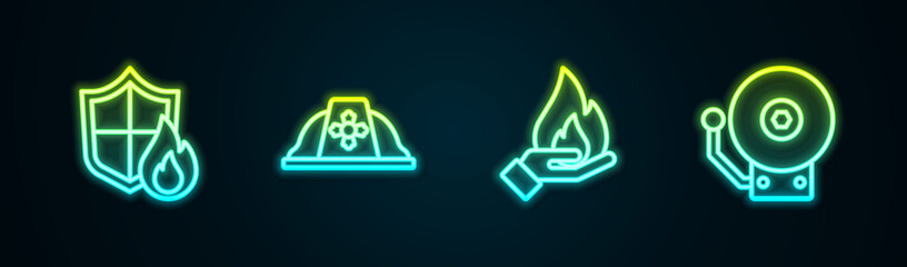 Set line Fire protection shield, Firefighter helmet, Hand holding a fire and Ringing alarm bell. Glowing neon icon. Vector