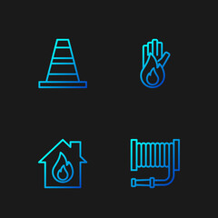 Set line Fire hose reel, in burning house, Traffic cone and No fire. Gradient color icons. Vector