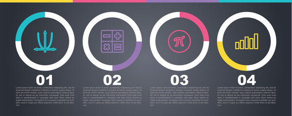 Set line Graph, schedule, chart, diagram, Calculator, Pi symbol and . Business infographic template. Vector