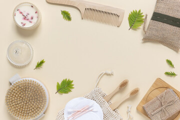 Zero waste, eco friendly bathroom accessories and personal care on beige background. Natural cosmetics. Flat lay, copy space