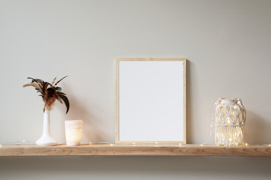 8x10 Small, Thin Wood, Vertical Frame Mockup For Art And Quotes. Bohemian Style Props On A Light Wooden Shelf.