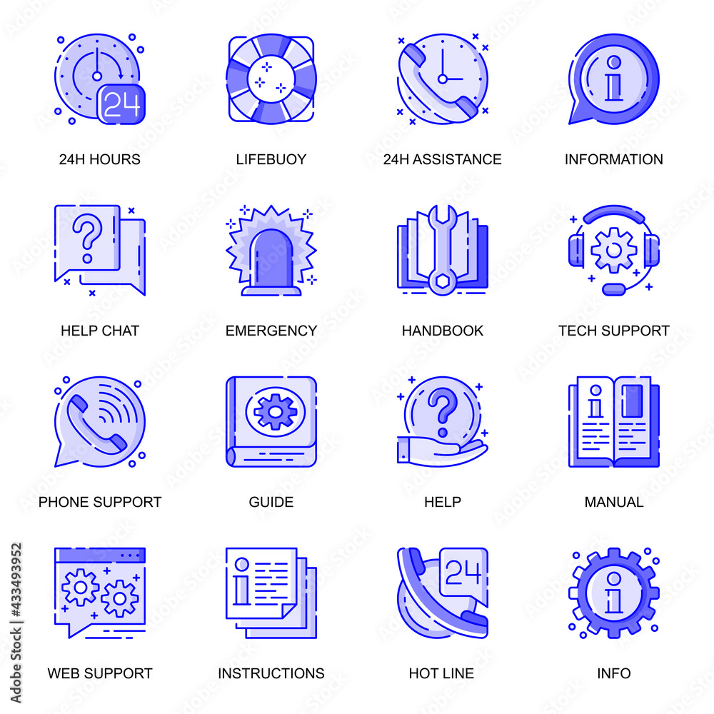 Poster Help And Support web flat line icons set. Pack outline pictogram of 24 h hours assistance, operator hot line, tech service concept. Vector illustration of symbols for website mobile app design