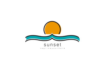 Abstract Sunset Or Sunrise logo. Circular Sun and Sea Wave Logo. Flat Vector Logo Design Template Element.