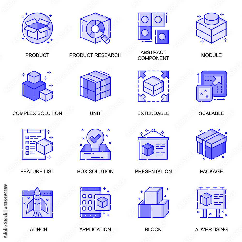 Leinwandbilder Abstract Product web flat line icons set. Pack outline pictogram of research, complex solution, package, advertising presentation concept. Vector illustration of symbols for website mobile app design