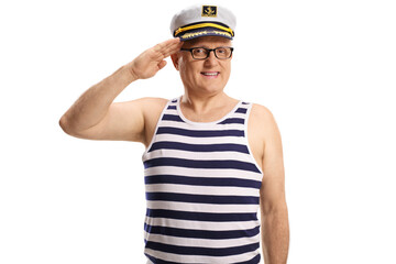 Mature sailor captain greeting with hand on his head