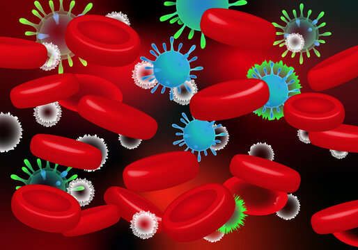 Illustration of red blood cells, white blood cells, and virus cells. Monkeypox cell. Monkeypox fever