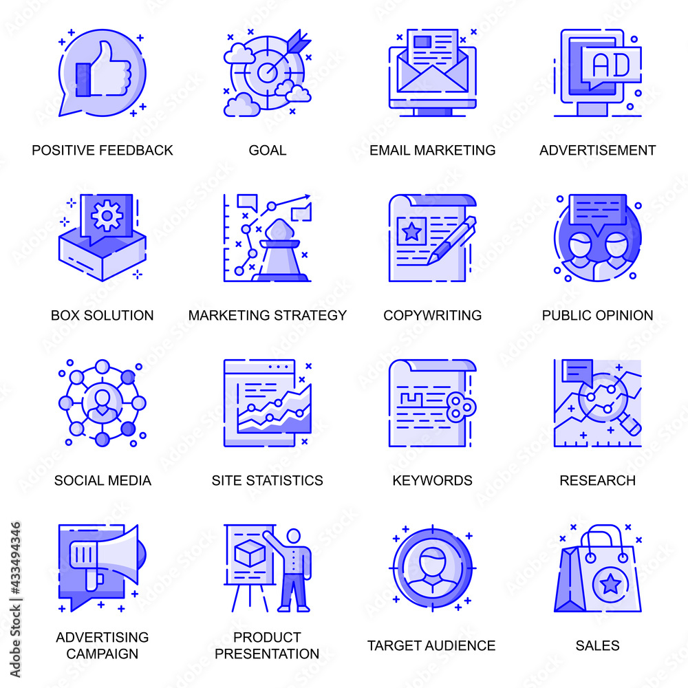 Poster marketing web flat line icons set. pack outline pictogram of positive feedback, advertisement, box s