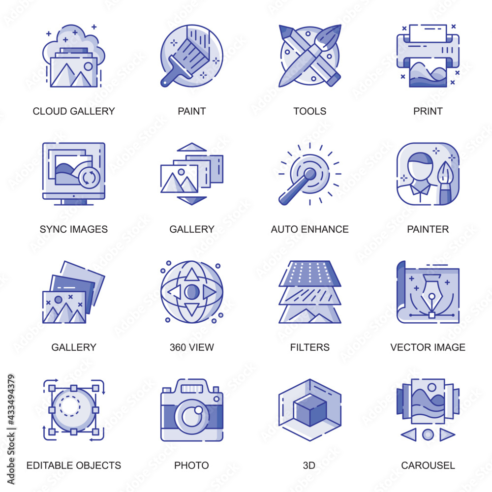 Poster Images web flat line icons set. Pack outline pictogram of designer tools, gallery, editable objects, photo, making graphic content concept. Vector illustration of symbols for website mobile app design