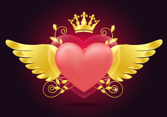 Love heart with golden wings and crown. Romantic beautiful illustration of ornate heart with golden wings of love
