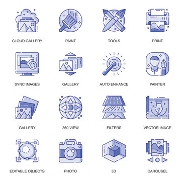 Images web flat line icons set. Pack outline pictogram of designer tools, gallery, editable objects, photo, making graphic content concept. Vector illustration of symbols for website mobile app design