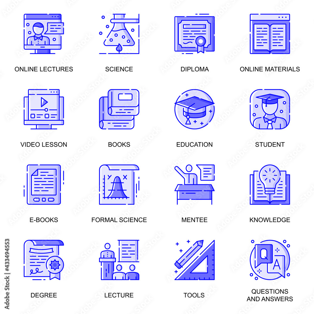 Poster education web flat line icons set. pack outline pictogram of online lectures, video lessons, univers
