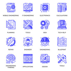 Engineering web flat line icons set. Pack outline pictogram of it industry, electronics, technician tools, tech help, repair concept. Vector illustration of symbols for website mobile app design