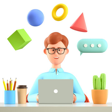 3D illustration of man with laptop working at the desk. Cartoon businessman chatting on the computer with flying geometric figures and speech bubble. Business abstract presentation.