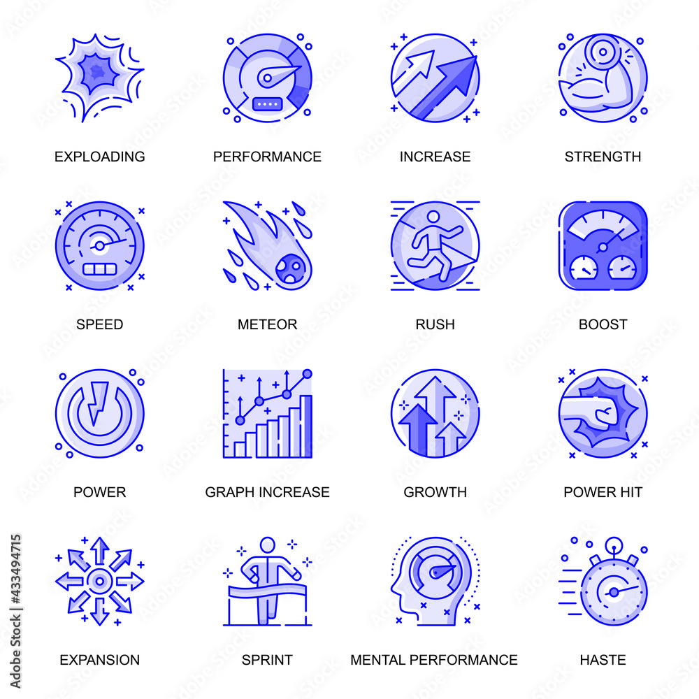 Poster Performance web flat line icons set. Pack outline pictogram of exploding, strength, speed, meteor, boost, expansion, effects concept. Vector illustration of symbols for website mobile app design