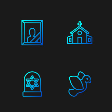 Set line Dove, Grave with star of david, Mourning photo frame and Church building. Gradient color icons. Vector