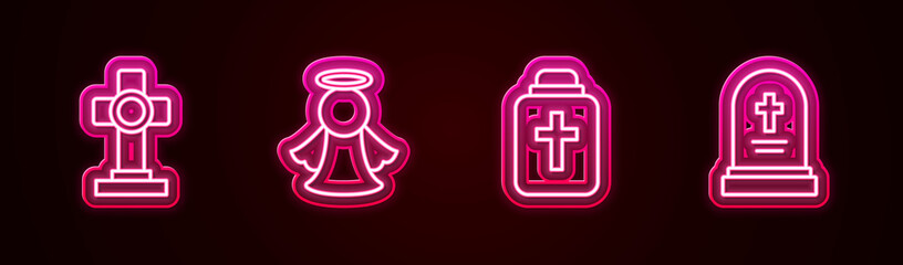 Set line Grave with cross, Angel, Funeral urn and tombstone. Glowing neon icon. Vector