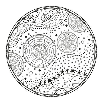 Background. Abstract eastern pattern. Hand drawn texture with circle patterns on isolation background. Design for spiritual relaxation for adults. Line art creation. Print for polygraphy