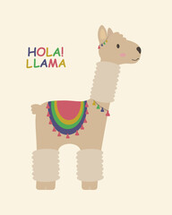 Animal llama on a beige background with the inscription HOLA LLAMA
