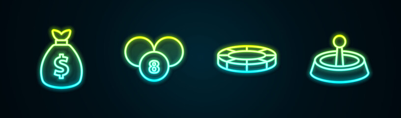 Set line Money bag, Lottery ball bingo card, Casino chips and roulette wheel. Glowing neon icon. Vector