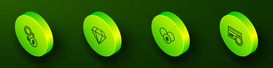 Set Isometric line Casino chips exchange on money, Diamond, Lottery ball bingo card and Credit icon. Vector