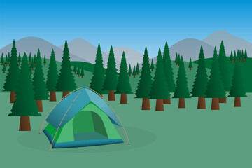 Tent camping a in green forest with pine trees and mountains - Vector Illustration