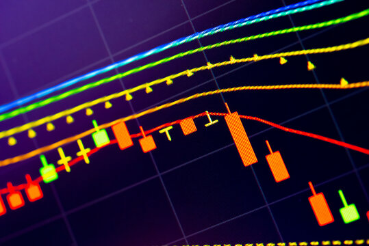 Financial data of stock market in term of a digital prices on LED display. A number of daily market price and quotation of prices chart to represent candle stick tracking in Forex trading.