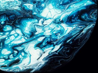 Fluid acrylic hand painting close up. Abstract art, liquid painting, babbles, wave, foam, sea, water, underwater, smoky, space. Blue, black and white paint, wallpaper, poster, background, backdrop