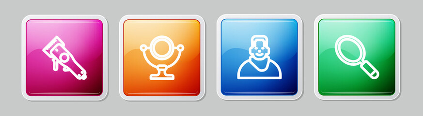 Set line Electrical hair clipper, Round makeup mirror, Client in barbershop and Hand. Colorful square button. Vector