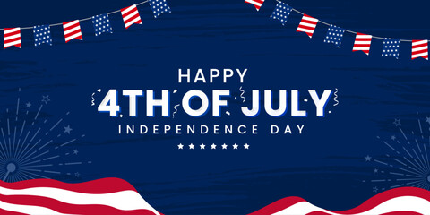 Celebrating 4th of July independence day modern contemporary design with confetti on the USA waving flag and grunge, firework burst celebration background. - obrazy, fototapety, plakaty