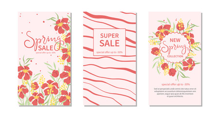 Set  of trendy template spring sale for social networks stories with flowers and lettering. Suitable for marketing promotions, stories, post and web internet ads. Vector illustration.